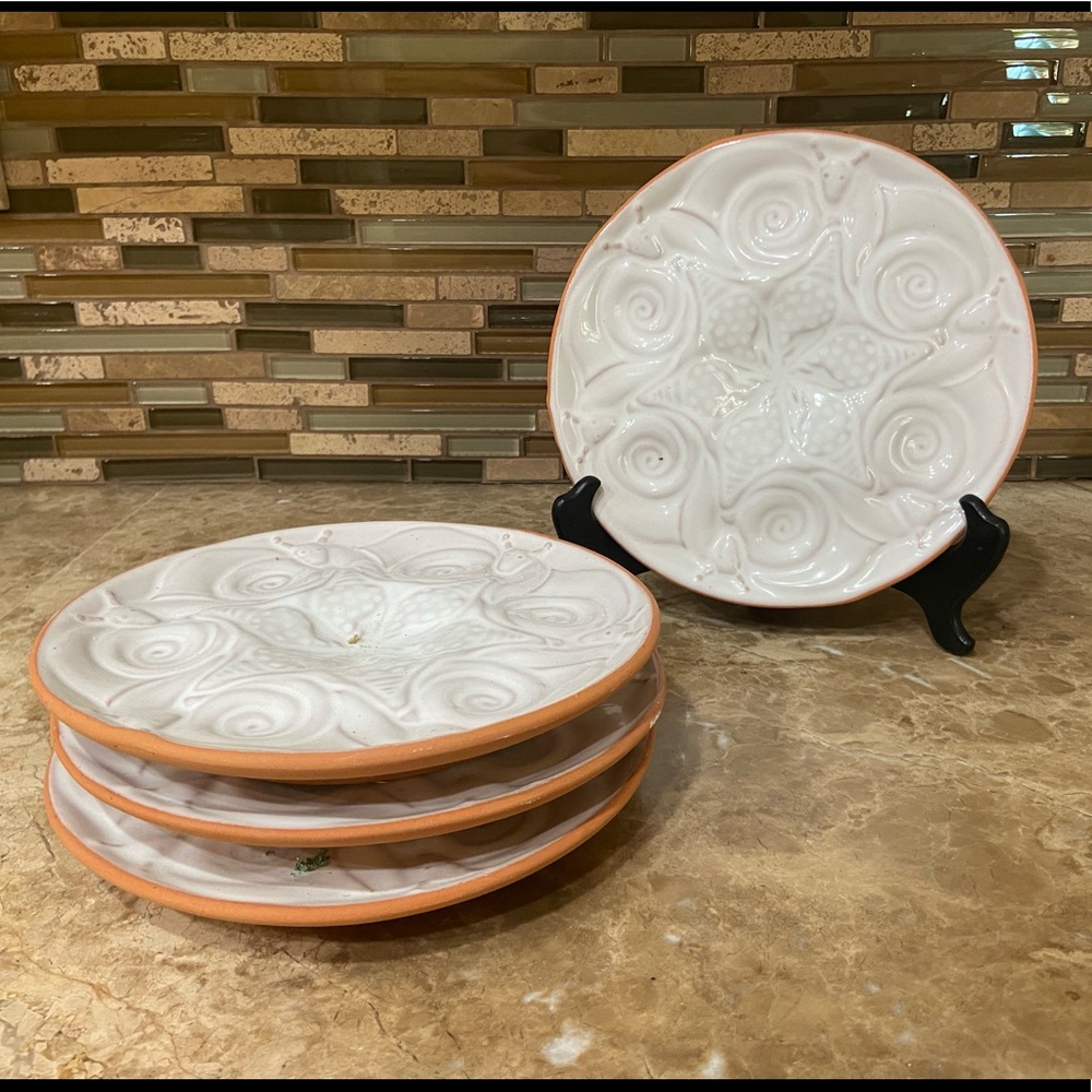 Romertopf Reco Terra Cotta/White Snail Plate Set Of 4 Escargot Serving